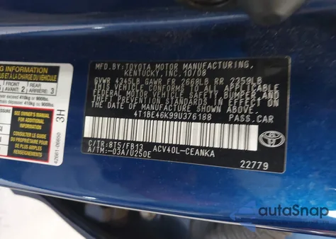 2009 Toyota Camry Le z USA, uszkodzony, nr VIN 4T1BE46K99U376188